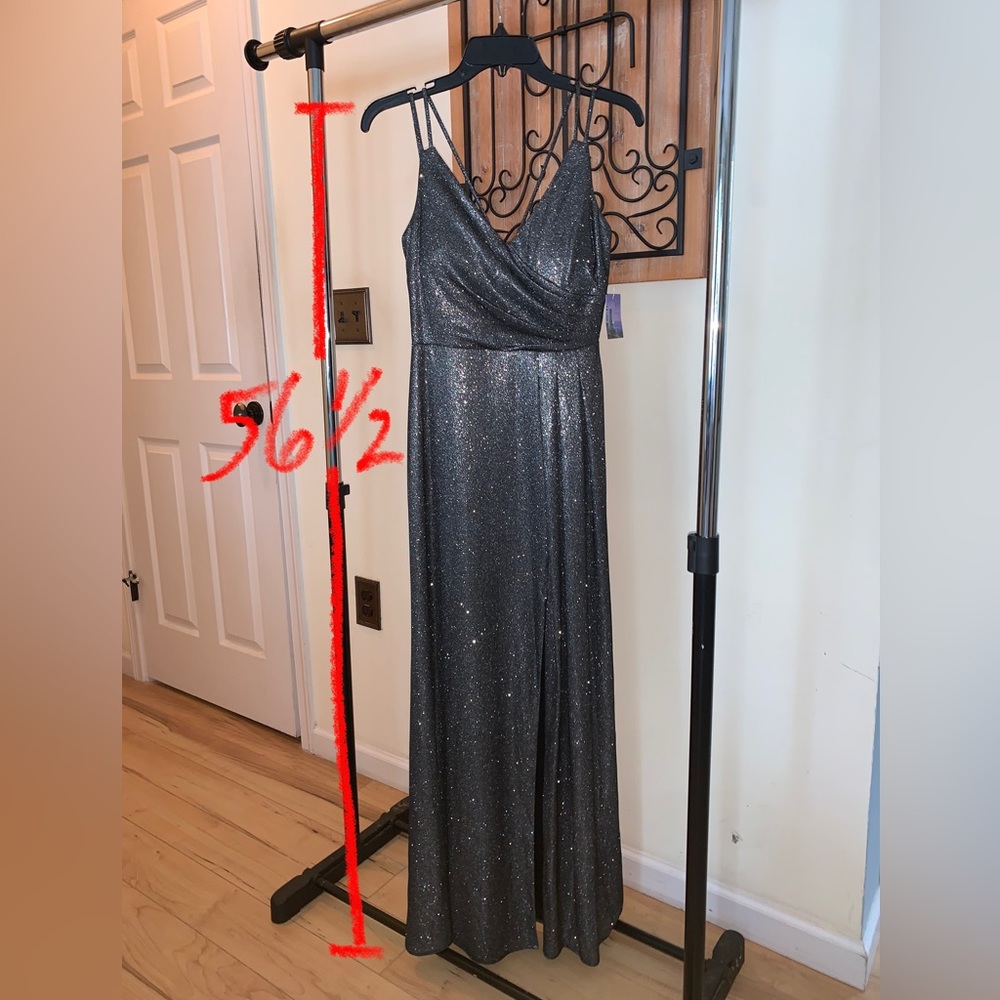 Nightway V-neck Sparkly Dark Silver Slit Spaghetti Strap Dress, Size 4
